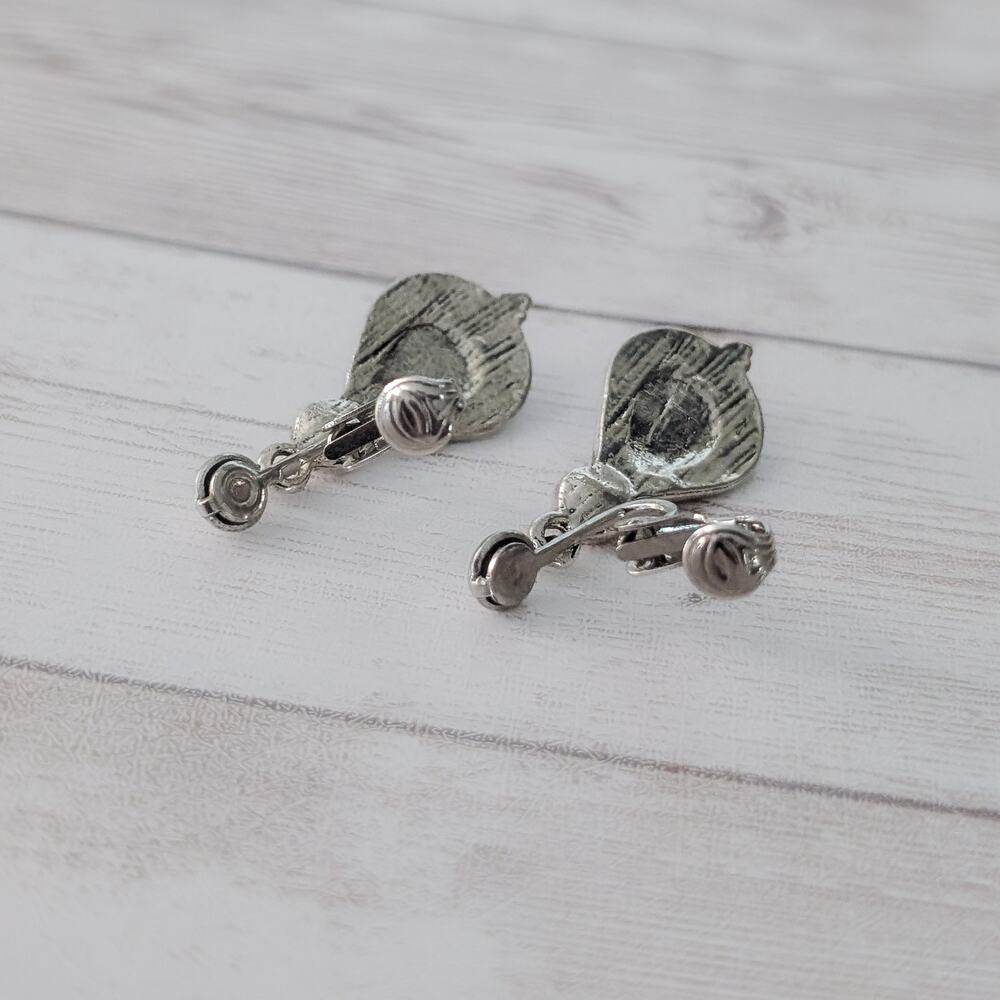 Vintage Clip On Earrings Statement Silver Tone Wi… - image 5